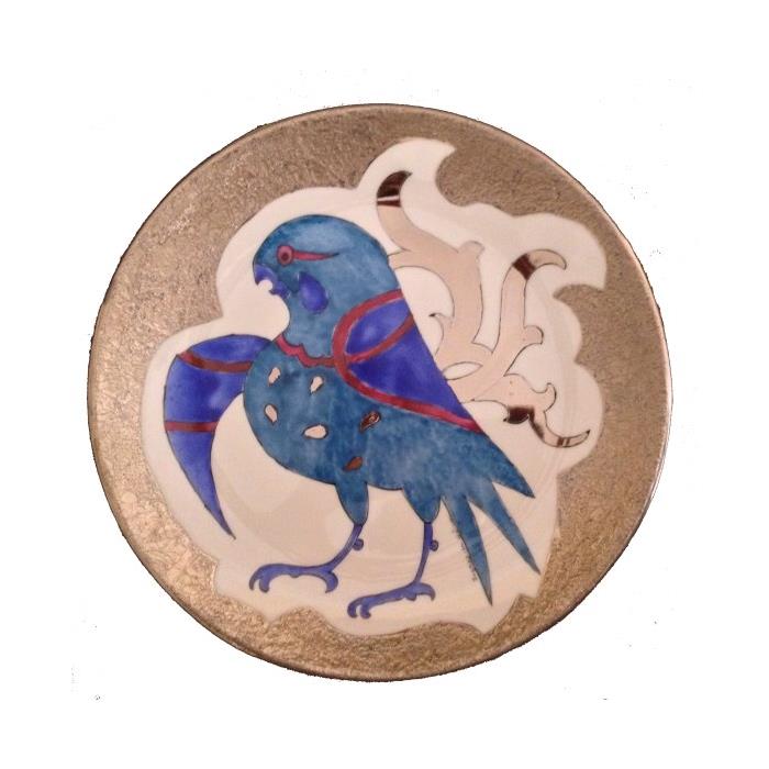 El Boyama Gümüş Süslemeli Porselen Tabak / Kuş